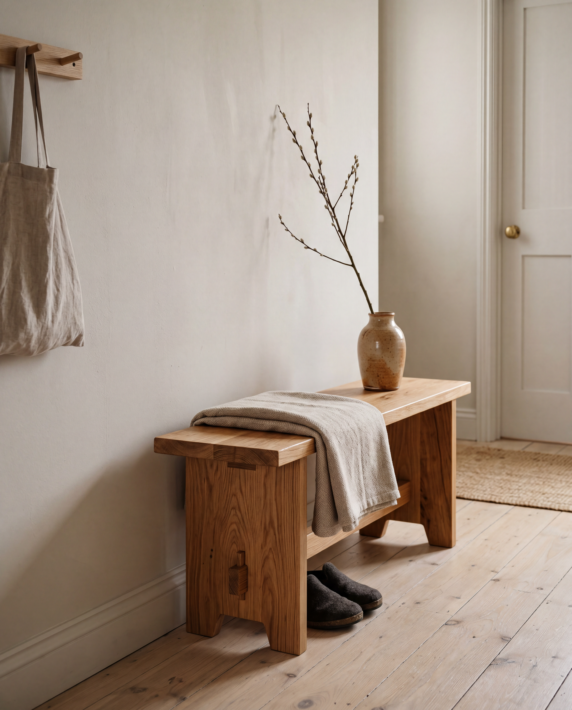 Japandi bedroom with solid oak furniture and calm natural palette