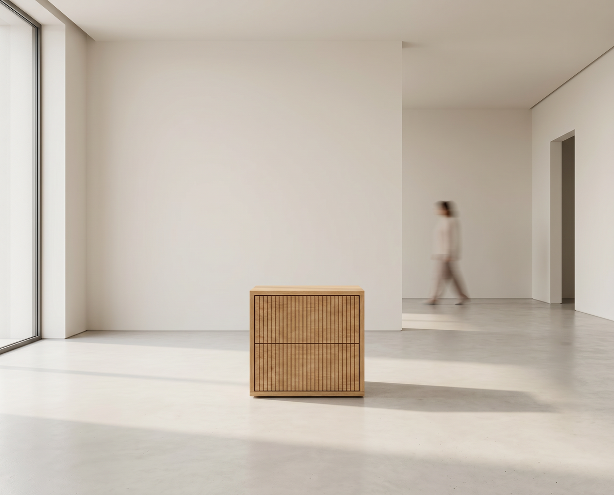 Japandi living room with solid oak furniture — calm, timeless interior style