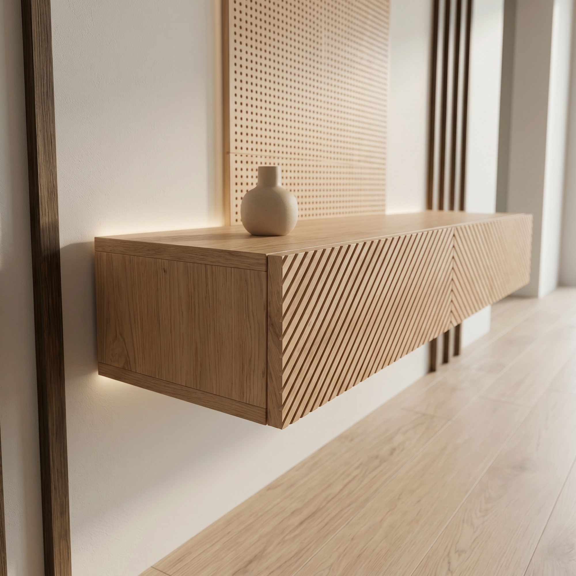 Console table Aomori — wall-mounted solid oak console table, handcrafted by FUKUI
