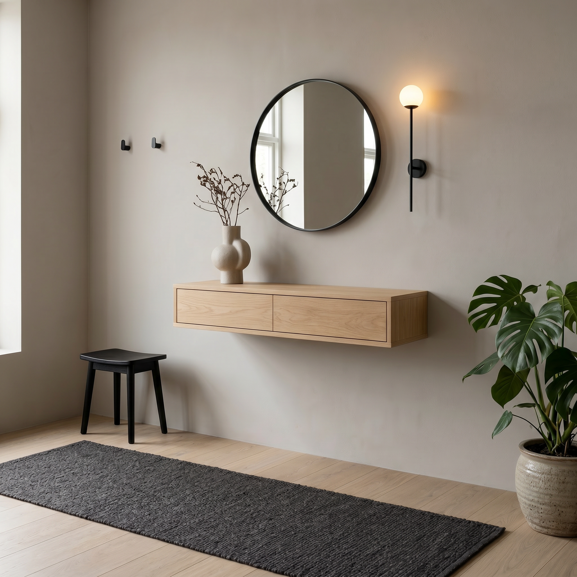 Console table Berlin — wall-mounted solid oak console table, handcrafted by FUKUI
