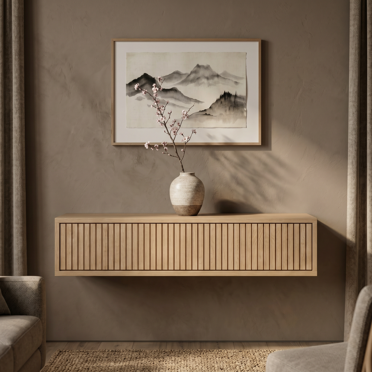 Console table Verona — wall-mounted solid oak console table with grooved front, by FUKUI