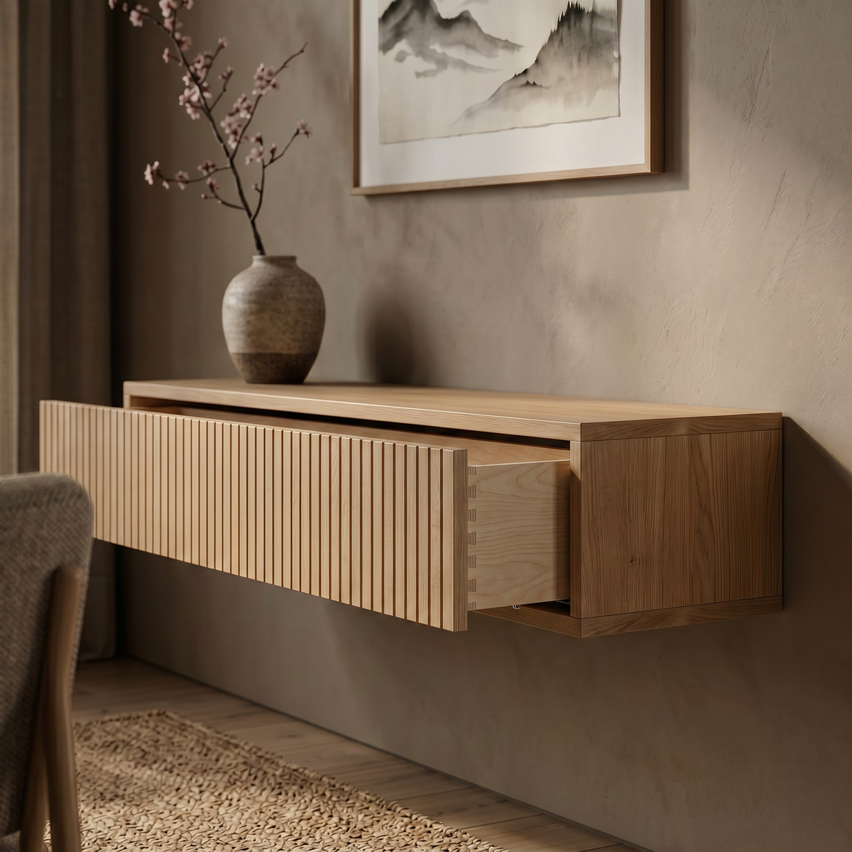 Console table Verona — wall-mounted solid oak console table with grooved front, by FUKUI (photo 4)