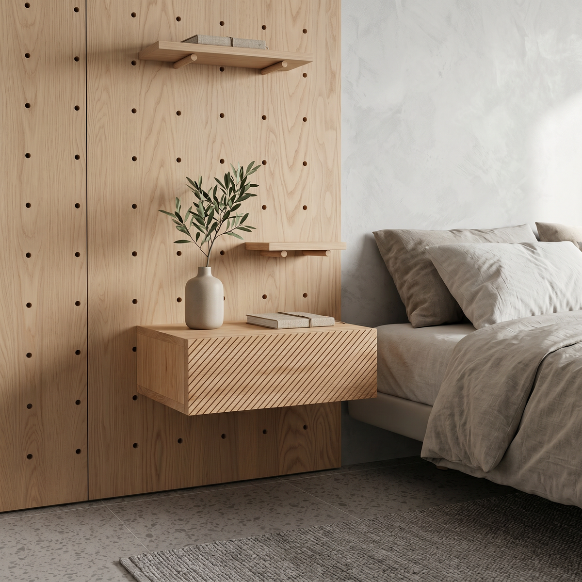 Bedside table Fukushima — wall-mounted solid oak nightstand, handcrafted by FUKUI