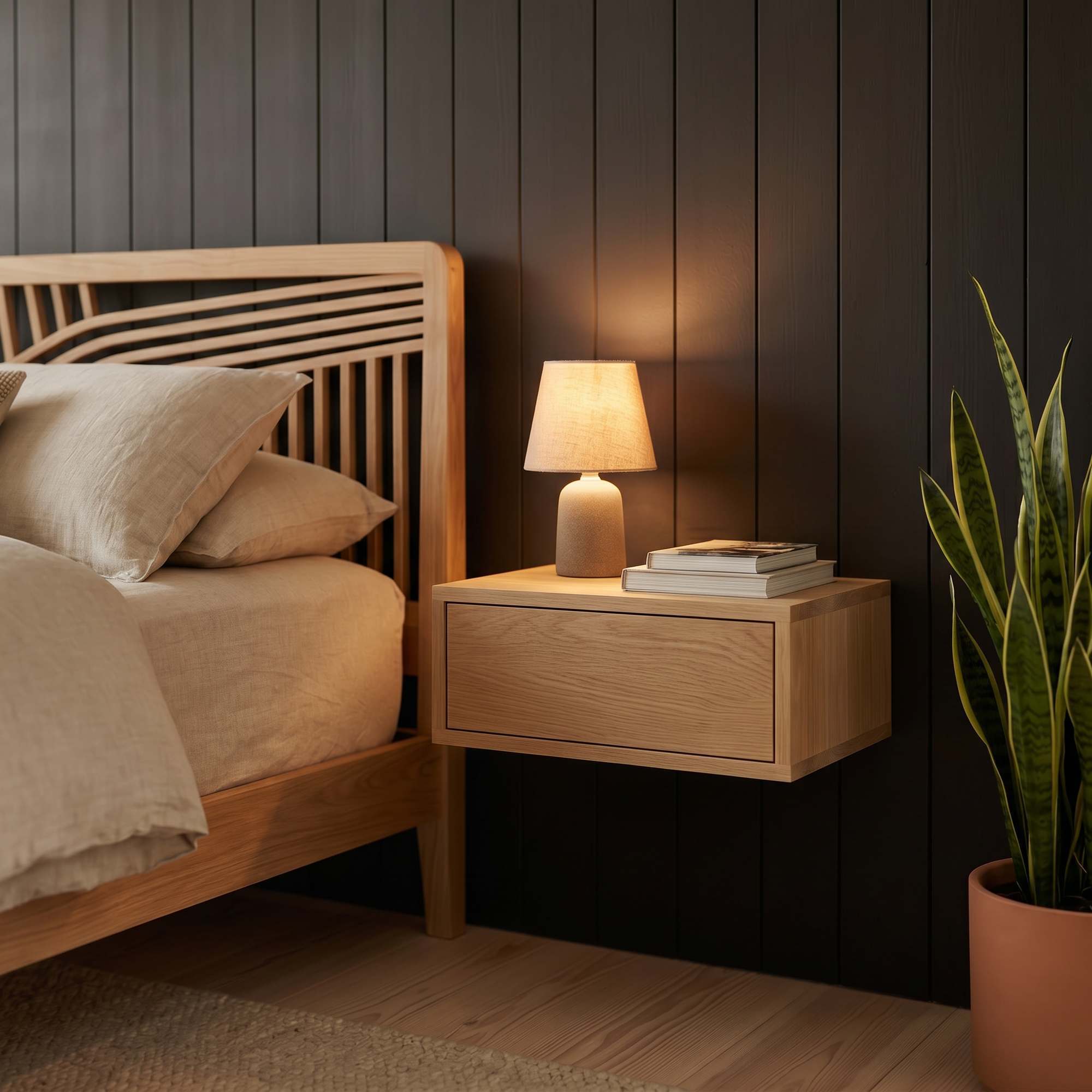 Bedside table Nagoya — floating solid oak nightstand, handcrafted by FUKUI